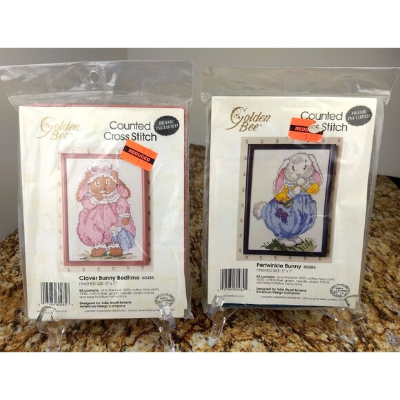 2 Golden Bee Counted Cross Stitch Kits w/Frame CLOVER BEDTIME & PERIWINKLE BUNNY - Picture 1 of 14